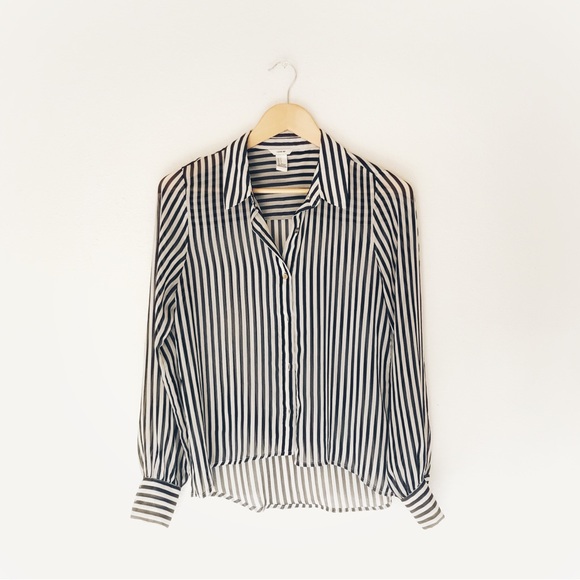 Striped Black and White Sheer Collared Blouse - Women’s S - Picture 1 of 7